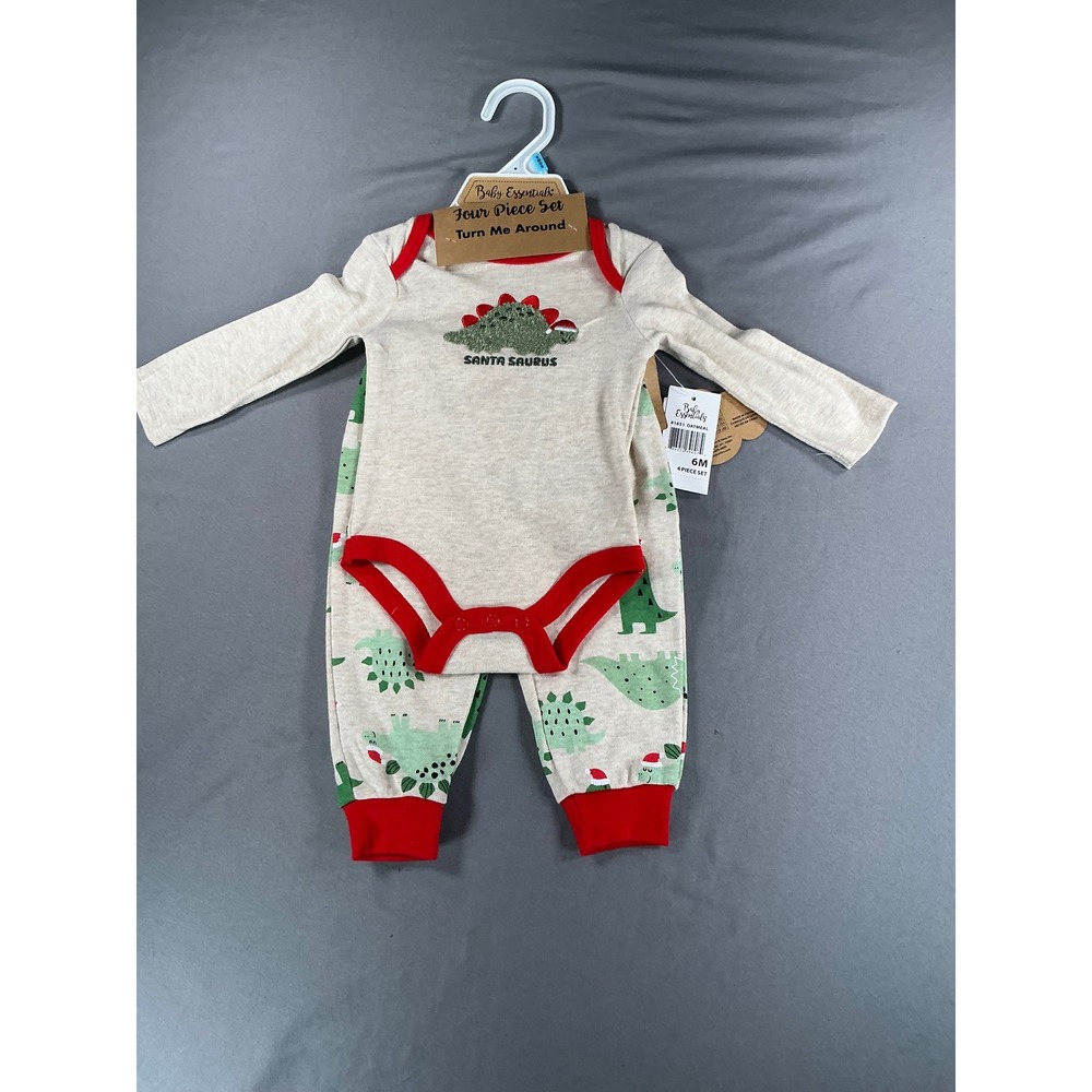 NWT 6 mos Baby Essentials Santa Saurus 4 Piece Set Oatmeal Red Dinosaur  81651